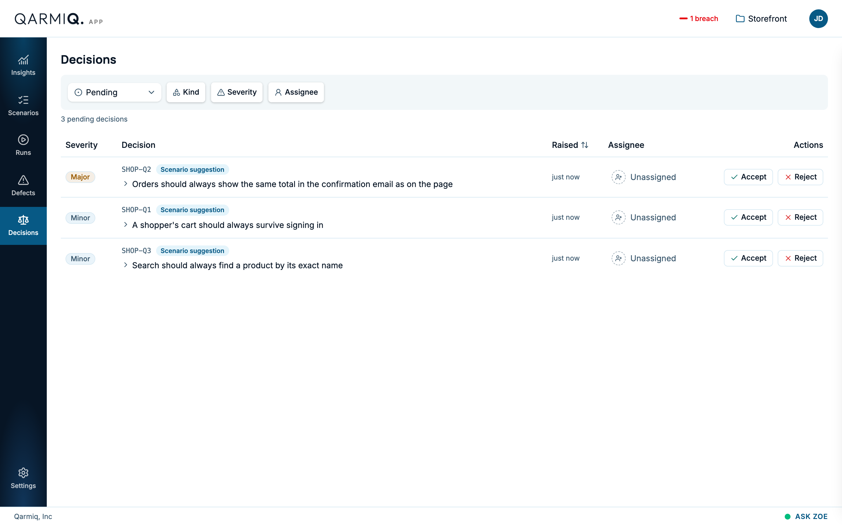 The Decisions page with three pending decisions