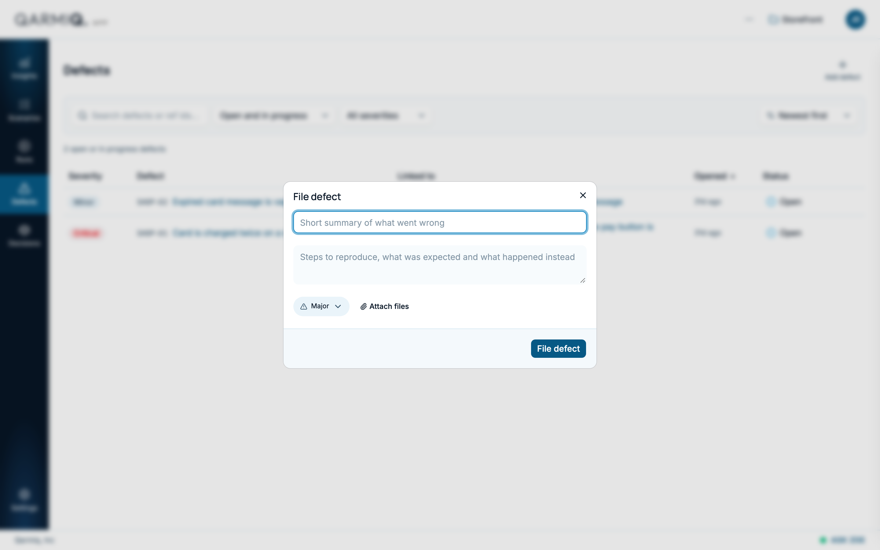 The File defect dialog