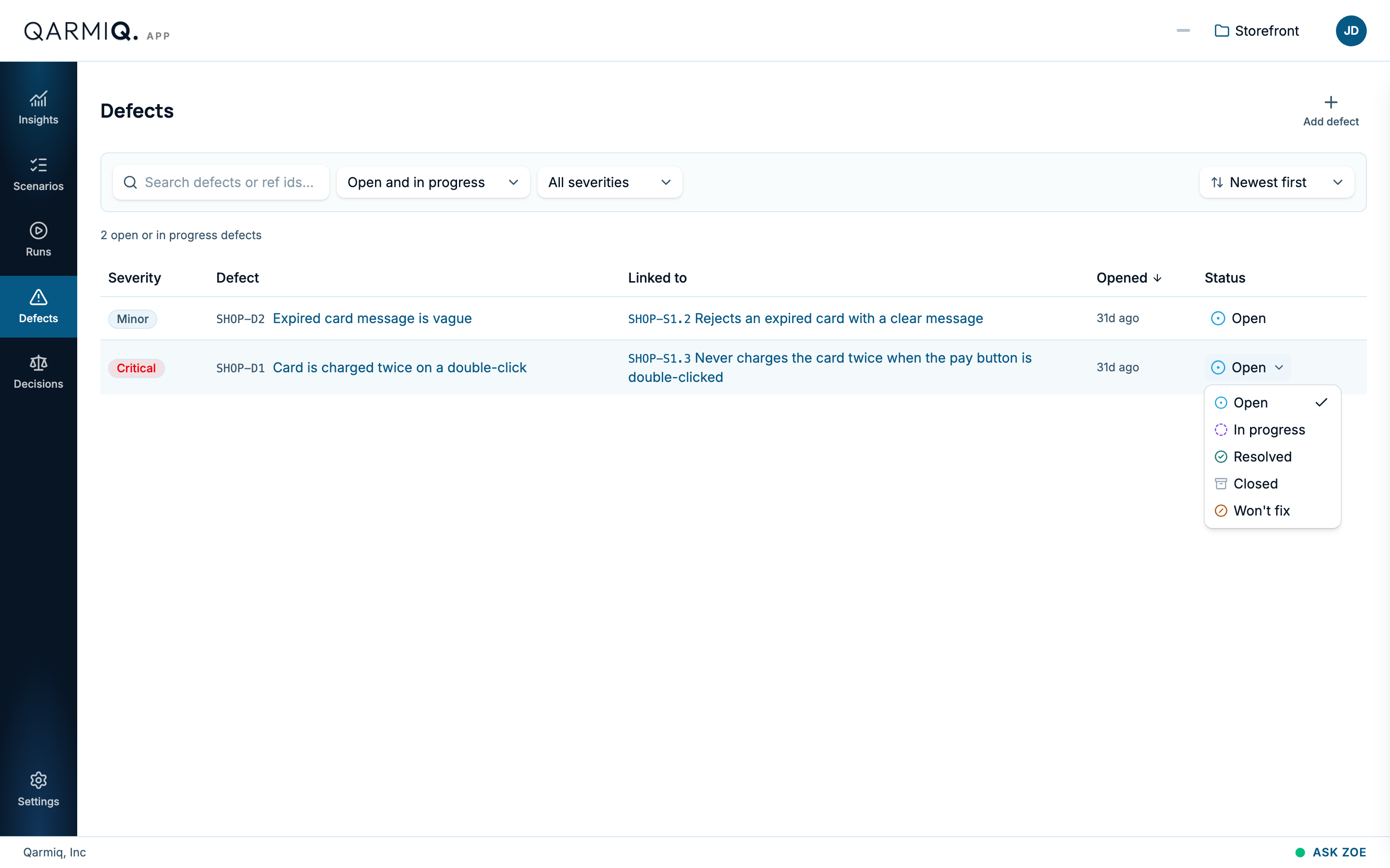 The status menu