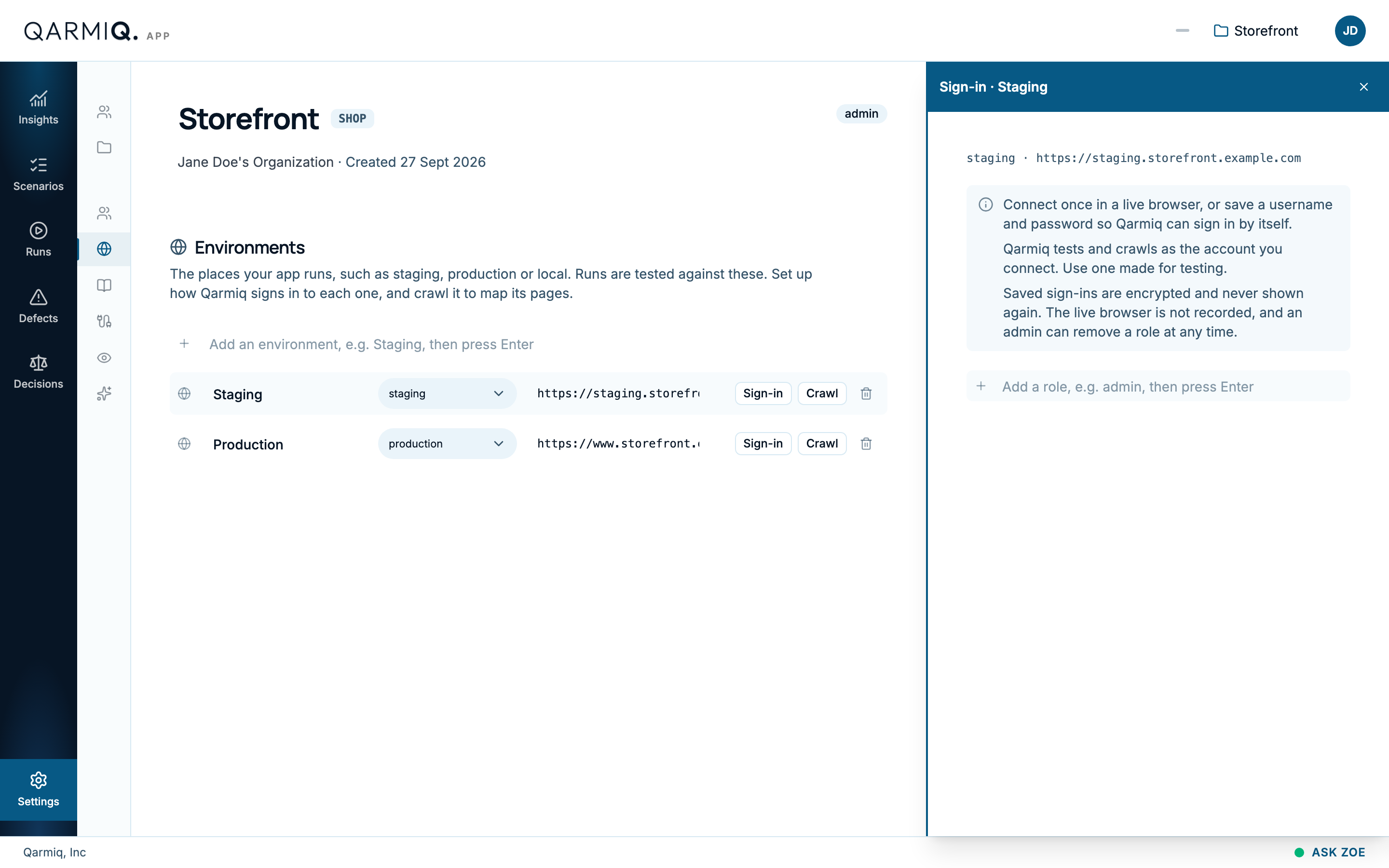 The sign-in panel for an environment