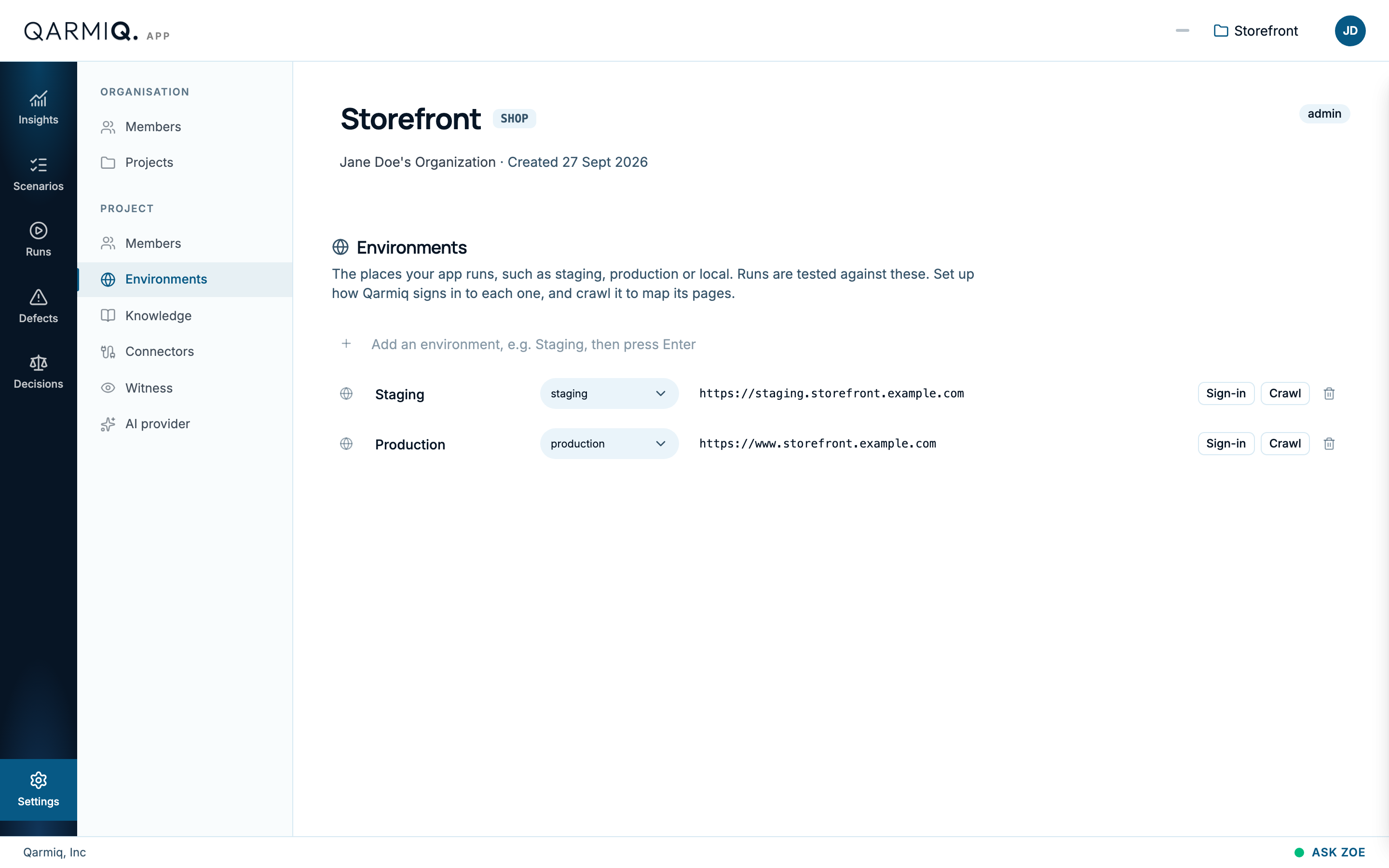 The environments page