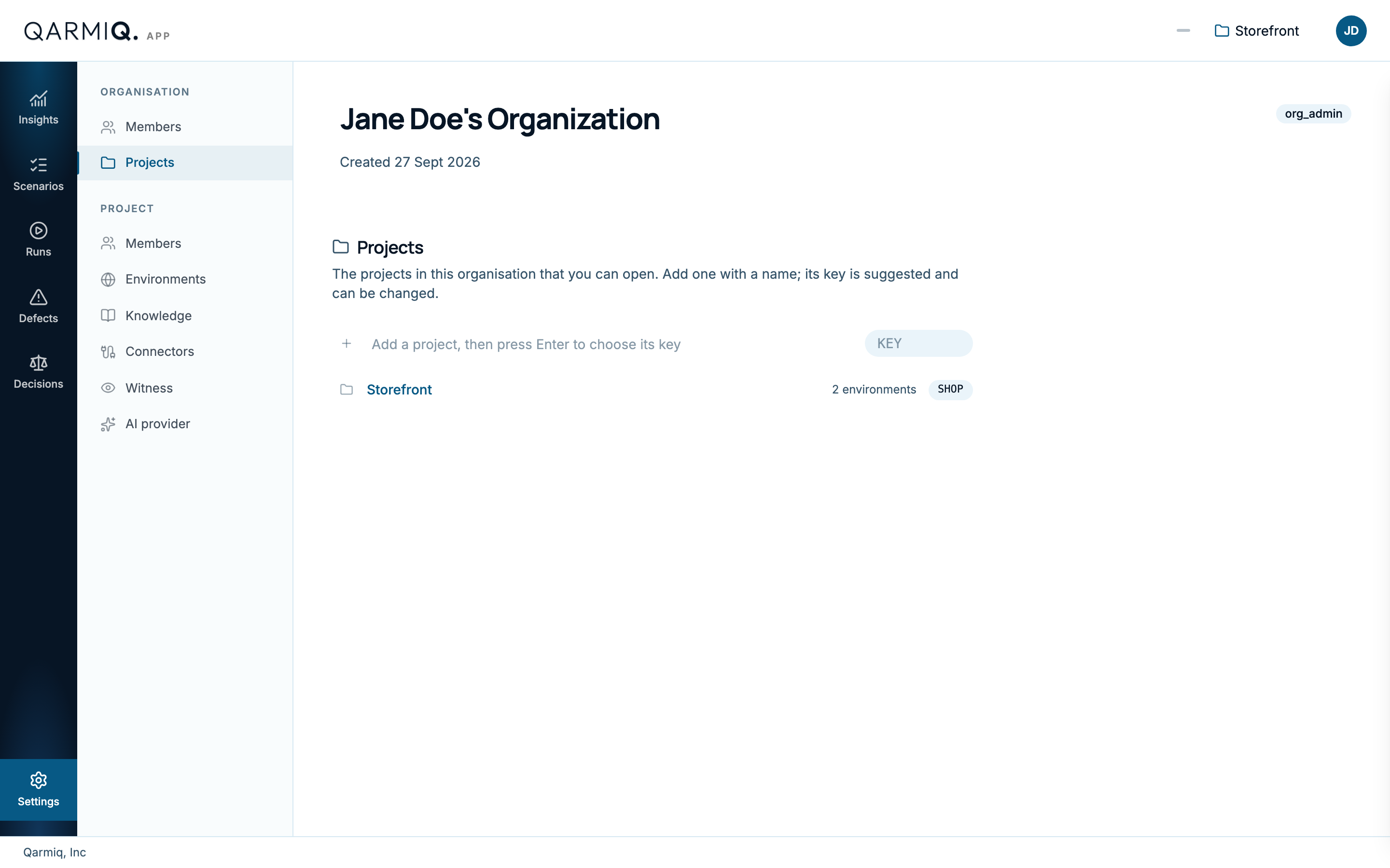 The organisation projects page