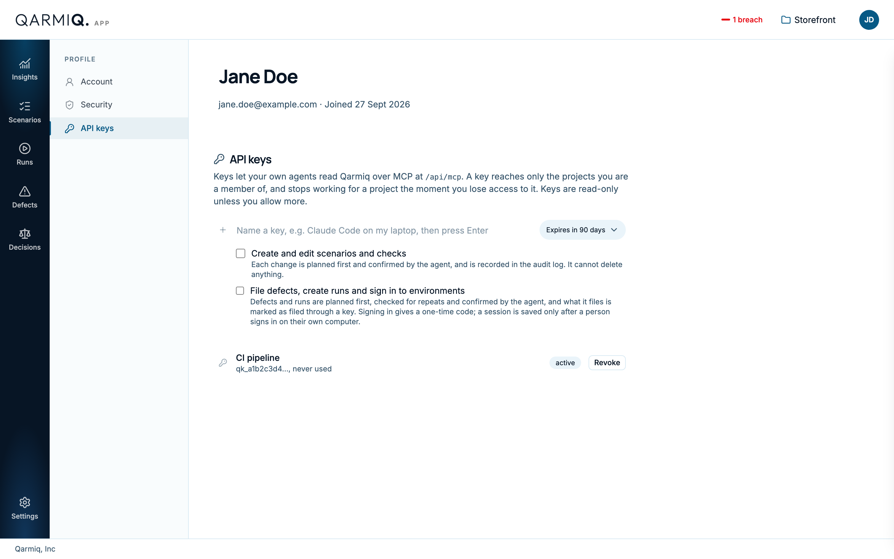 The API keys page