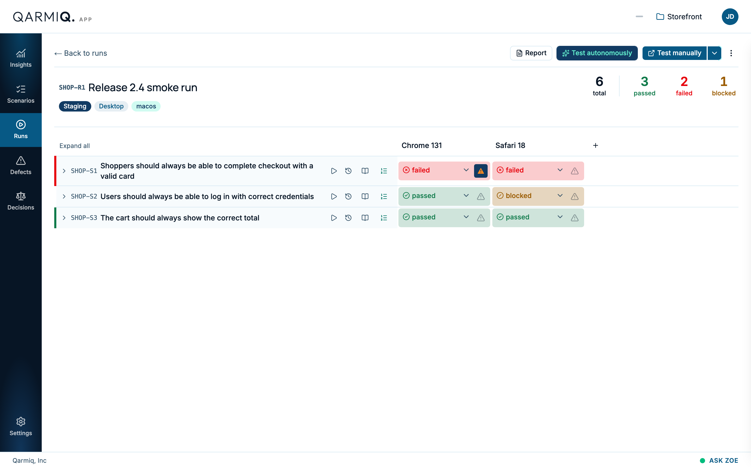 A Qarmiq run showing verdicts for each check across Chrome and Safari