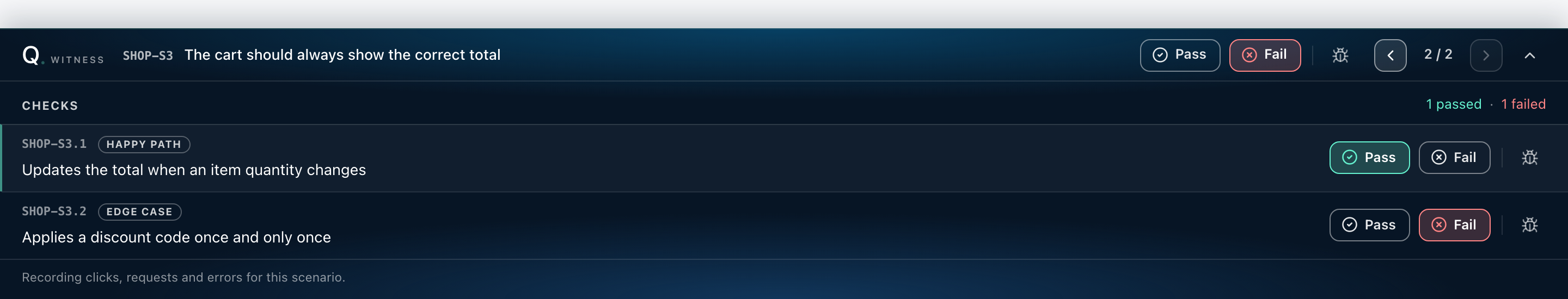 The Witness bar open, showing each check with its own Pass, Fail and defect buttons
