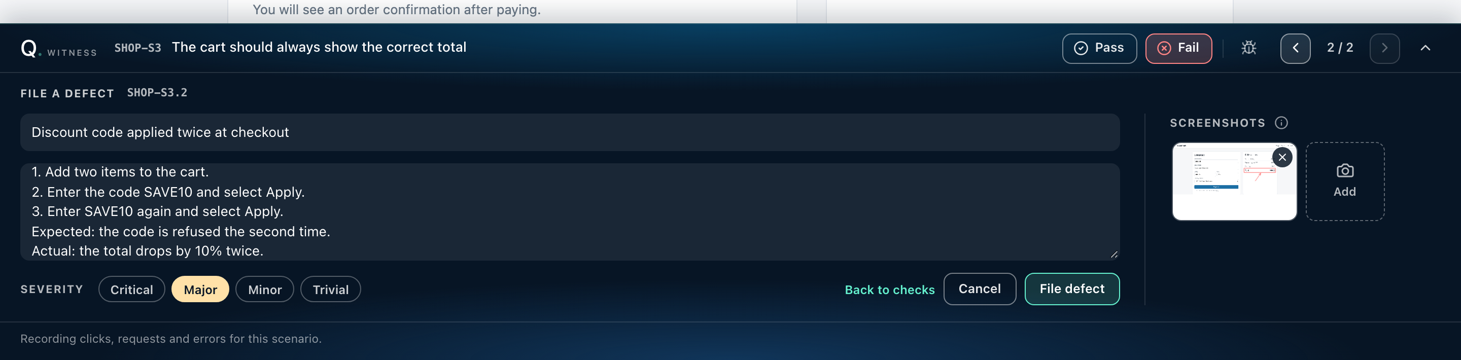 The defect form with an annotated screenshot attached